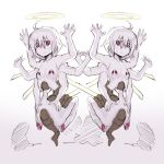  2girls ahoge armpits collarbone expressionless extra_arms flat_chest full_body grey_background hair_between_eyes halo looking_at_viewer lowres monster_girl multiple_girls original red_eyes simple_background sonjow4 symmetry white_hair 