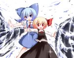  &gt;:d 2girls :d blonde_hair blue_eyes blue_hair bow cirno darkness dress hair_bow hair_ribbon highres ice kabi_killer multiple_girls open_mouth outstretched_arms red_eyes ribbon rumia shirt short_hair skirt smile spread_arms touhou vest wings 