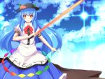 1girl blue_hair bow clouds food fruit hat hinanawi_tenshi long_hair long_skirt peach red_eyes rishi_(ugati028) skirt sky smile solo sword_of_hisou touhou