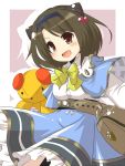  animal_ears bag belt bow breasts brown_hair cat_ears commentary_request dress gomasamune granblue_fantasy hair_bobbles hair_bow hair_ornament looking_at_viewer outstretched_arm shawl short_hair smile stuffed_animal stuffed_toy teddy_bear translation_request yaia_(granblue_fantasy) 