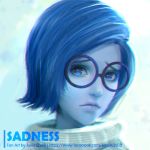  1girl artist_name blue_eyes blue_hair blue_skin character_name english face glasses inside_out juvia_ho looking_at_viewer lowres sad sadness_(inside_out) short_hair turtleneck watermark web_address 