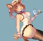  1girl animal_ears breasts brown_hair cat_ears cleavage cup drink fang frills fur furry holding hotomura_(muramura69) open_mouth original simple_background sleeveless solo tail thigh-highs tray twisted_torso wrist_cuffs yellow_eyes 