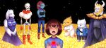  3boys 3girls alphys androgynous armor asgore_dreemurr beard blonde_hair blue_skin bone brown_hair closed_eyes crown crying disintegration facial_hair field flower flower_bed flower_field frisk_(undertale) glasses head_fins heart horns injury ivorare labcoat multiple_boys multiple_girls open_mouth papyrus_(undertale) petals red_scarf redhead robe sans scarf shirt short_hair skeleton skull smile spoilers striped striped_shirt tank_top teeth toriel undertale undyne yellow_sclera 