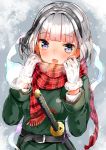  1girl belt blue_eyes blush coat gloves hairband konpaku_youmu konpaku_youmu_(ghost) looking_at_viewer open_mouth plaid plaid_scarf scarf short_hair silver_hair solo sword touhou weapon white_gloves winter_clothes winter_coat yukizumi_remon 