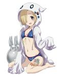  1girl bikini blonde_hair blue_bikini blush earrings hair_over_one_eye hoodie idolmaster idolmaster_cinderella_girls jewelry looking_at_viewer mercy_rabbit navel open_mouth red_eyes shirasaka_koume short_hair simple_background sitting sleeves_past_wrists small_breasts smile solo swimsuit tattoo wariza white_background 