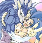  1girl :d animal_ears blue_eyes blue_hair cat_ears fangs felicia gallon hug looking_at_viewer lowres muscle open_mouth raiwa_higashi smile v vampire_(game) werewolf 