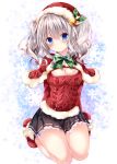  1girl bell blue_eyes blush bow breasts capelet cleavage cleavage_cutout fur_trim hat kantai_collection kashima_(kantai_collection) large_breasts long_hair looking_at_viewer miniskirt nogi_takayoshi open-chest_sweater santa_hat silver_hair skirt smile solo sweater wavy_hair 