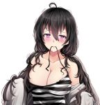  1girl ahoge bangs beifeng_han black_hair blush breasts cleavage closed_mouth collarbone hair_between_eyes hair_ornament large_breasts long_hair looking_at_viewer low_twintails miyaura_sanshio motion_lines mouth_hold off_shoulder original simple_background solo strap strap_pull strap_slip striped trembling twintails upper_body violet_eyes white_background 
