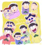  ... 1girl 6+boys arkr_s bald black_hair bowl_cut brothers brown_hair carrying cellphone child crayon_shin-chan crossover cypher highres hoodie iphone kazama_tooru masao_(character) matsuno_choromatsu matsuno_ichimatsu matsuno_juushimatsu matsuno_karamatsu matsuno_osomatsu matsuno_todomatsu multiple_boys nohara_shinnosuke one_eye_closed osomatsu-kun osomatsu-san phone sakurada_nene self_shot sextuplets shaved_head short_twintails shoulder_carry siblings simple_background smartphone sunglasses sweatdrop translation_request twintails yellow_background 