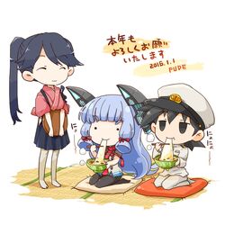  1boy 2girls :t admiral_(kantai_collection) bangs barefoot black_hair black_legwear blunt_bangs bodysuit chopsticks closed_eyes dated eating food fudeyama_(fudeco) hair_ribbon hakama hat headgear holding_tray houshou_(kantai_collection) japanese_clothes kantai_collection kimono long_hair long_sleeves military military_uniform multiple_girls murakumo_(kantai_collection) pantyhose pillow ponytail pout remodel_(kantai_collection) ribbon sailor_dress school_uniform seiza serafuku short_eyebrows short_hair sitting skirt smile standing tasuki tatami thighband_pantyhose translation_request tray tress_ribbon uniform zouni_soup 