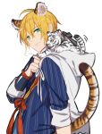  1boy animal_ears aqua_eyes blonde_hair bow gokotai&#039;s_tigers hood kemonomimi_mode looking_back male_focus tail tiger tiger_ears tiger_tail touken_ranbu verus white_tiger yamanbagiri_kunihiro yellow_eyes 