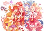  4girls akagi_towa amanogawa_kirara aroma_(go!_princess_precure) bird blonde_hair blue_eyes blue_hair bow bracelet brooch brown_hair closed_eyes cowboy_shot creature crop_top cure_flora cure_mermaid cure_scarlet cure_twinkle dog earrings eyebrows flower_earrings gloves go!_princess_precure haruno_haruka hayashi_(kanzume) jewelry kaidou_minami kuroro_(go!_princess_precure) long_hair magical_girl midriff miss_siamour multicolored_hair multiple_girls pink_bow pink_hair precure puff_(go!_princess_precure) purple_hair red_eyes redhead skirt smile star star_earrings streaked_hair thick_eyebrows thigh-highs two-tone_hair violet_eyes white_gloves 