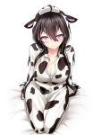  1girl ahoge beifeng_han black_hair blush breasts cleavage cow_print long_hair looking_at_viewer miyaura_sanshio original pajamas smile solo violet_eyes 