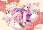  1girl 2016 :o an2a bangs blush bow chrysanthemum covering covering_crotch fan floating_hair floral_print flower frills geta hair_ornament happy_new_year japanese_clothes kimono legs_up long_hair long_sleeves new_year open_mouth original rabbit ribbon sandals side_ponytail sidelocks silver_hair socks solo tabi very_long_hair violet_eyes 