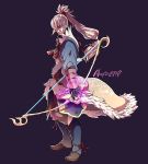  1boy artist_name bow_(weapon) fire_emblem fire_emblem_if gloves grey_hair highres iroha_(akei0710) long_hair open_mouth ponytail purple_background red_eyes simple_background solo takumi_(fire_emblem_if) weapon 
