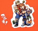  5boys age_difference black_shorts blush boots brown_hair closed_eyes crossed_arms daimon_masaru digimon digimon_adventure digimon_adventure_02 digimon_frontier digimon_savers digimon_tamers gloves goggles goggles_on_head green_gloves hand_on_another&#039;s_head kanbara_takuya long_hair looking_at_another looking_up male_focus matsuda_takato motomiya_daisuke multiple_boys open_clothes open_shirt red_background shirt shoes shorts simple_background sneakers t-shirt t_k_g trait_connection vest white_gloves yagami_taichi 