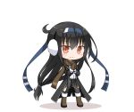  1girl asymmetrical_legwear black_coat black_hair black_legwear blazer boots brown_boots brown_eyes brown_gloves brown_scarf chibi coat earmuffs gloves hair_ornament hatsushimo_(kantai_collection) headband kantai_collection knee_boots kneehighs long_hair looking_at_viewer low-tied_long_hair mittens pleated_skirt remodel_(kantai_collection) scarf school_uniform serafuku simple_background single_kneehigh single_thighhigh skirt smile solo standing thigh-highs white_background yamato_tachibana 