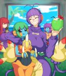 4girls ambipom antenna_hair arm_around_neck banana bandaid bandaid_on_nose biriri-ane_(space_jin) black_sclera breasts coconut deoxys drinking_straw eating food fruit grey_eyes headphones highres large_breasts multiple_girls original palm_tree personification pokemon purple_hair redhead smile space_jin tail tongue tongue_out tree yellow_eyes