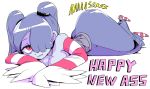  1girl artist_request ass bare_shoulders blue_skin breast_press breasts cleavage elbow_gloves english gloves hair_over_one_eye happy_new_year huge_ass light_smile looking_at_viewer new_year red_eyes simple_background skullgirls smile solo squigly_(skullgirls) stitches thick_thighs thighs white_background zombie 