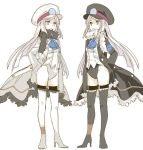  2girls boots coat fur_trim genderswap hat high_heel_boots high_heels kudari_(pokemon) long_hair multiple_girls necktie nobori_(pokemon) peaked_cap pokemon pokemon_(game) pokemon_bw shuri_(84k) silver_hair smile symmetry white_background 