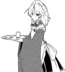  1girl apron bow braid ganmaganmo hair_bow izayoi_sakuya maid maid_headdress monochrome motoori_kosuzu motoori_kosuzu_(cosplay) smile solo touhou tray tsurime twin_braids wide_sleeves 