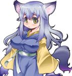  1girl animal_ears belt breasts chinjuu_hibakichi colored_eyelashes gallon genderswap lavender_hair long_hair long_sleeves midnight_bliss sidelocks solo tail vampire_(game) werewolf white_background wide_sleeves wolf_ears yellow_eyes 