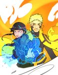  +_+ 1boy 1girl blonde_hair byakugan cape charles_tan couple fighting_stance fire flak_jacket hyuuga_hinata long_hair naruto smile uzumaki_naruto violet_eyes 