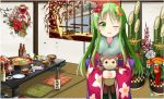  1girl :3 ;d alcohol alternate_costume animal bamboo beer blush bottle bow bowl brown_fur choker chopsticks crescent_hair_ornament cup doll doll_hug drinking_glass fake_screenshot floral_print flower flower_pot food fruit fur_trim green_eyes green_hair hair_flower hair_ornament holding ichimi indoors kantai_collection long_hair mandarin_orange mask monkey nagatsuki_(kantai_collection) new_year obi one_eye_closed open_mouth parted_lips pillow plant plate pot potted_plant red_bow river sake sake_bottle sash shrimp smile solo tatami water wind wind_chime window windowsill 