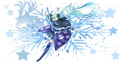  1girl absurdres blue_eyes blue_hair blue_legwear blue_skirt hat hatsune_miku highres mr._j.w reindeer skirt snowflakes solo twintails 