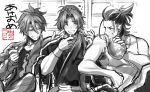  3boys ^_^ blush choko_(cup) closed_eyes gourd grin japanese_clothes male_focus monochrome multiple_boys nihongou_(touken_ranbu) open_mouth otegine ponytail routo smile tank_top tonbokiri_(touken_ranbu) touken_ranbu translation_request 