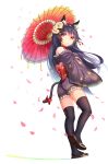  1girl :o absurdres animal_ears bare_shoulders black_hair black_legwear bow brown_eyes cat_ears cat_tail cherry_blossoms choker floating_hair floral_print full_body hair_between_eyes hair_ornament hairclip highres holding_umbrella japanese_clothes kimono long_hair long_sleeves looking_at_viewer mask_on_head miya_(tokumei) off_shoulder one_leg_raised original parasol parted_lips petals red_bow ribbon-trimmed_legwear ribbon_trim sandals sash simple_background solo standing_on_one_leg tail thigh-highs thighs umbrella very_long_hair white_background wide_sleeves wind yukata zettai_ryouiki 