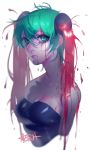  1girl abeja artist_name blood fountain green_eyes green_hair hatsune_miku highres looking_at_viewer solo strapless twintails upper_body vocaloid 