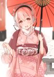  1girl 2016 arykei blush breasts headphones highres japanese_clothes kimono large_breasts long_hair looking_at_viewer nengajou new_year nitroplus obi open_mouth oriental_umbrella pink_hair red_eyes sash smile solo super_sonico umbrella 