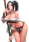  1girl black_hair breasts cherrylich cleavage facial_mark green_eyes highres jewelry large_breasts league_of_legends lips long_hair navel nidalee open_mouth pole polearm ponytail signature simple_background solo tribal weapon white_background 