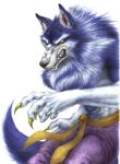  belt claws clenched_teeth colored_pencil_(medium) fur gallon pants purple_pants ribbon tail toku_nami traditional_media vampire_(game) werewolf white_background yellow_ribbon 