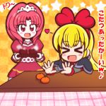  &gt;_&lt; 2girls :d akagi_towa black_dress blonde_hair blush_stickers checkered checkered_background closed_eyes cup dokidoki!_precure dress food fruit go!_princess_precure guardias hair_ribbon heart kotatsu mandarin_orange multiple_girls new_year open_mouth precure red_dress red_eyes red_ribbon redhead regina_(dokidoki!_precure) ribbon smile star table tea teacup tiara trait_connection translated xd yunomi 