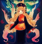  1girl black_dress blush chinese_clothes dress fox_tail hat junko_(touhou) long_hair long_sleeves multiple_tails open_mouth orange_hair red_eyes sash smile solo tabard tail touhou wide_sleeves yujup 