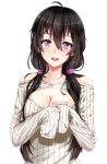  1girl :d ahoge bangs bare_shoulders beifeng_han black_hair blush breasts cleavage collarbone hair_between_eyes hair_over_shoulder hair_tie large_breasts long_sleeves looking_at_viewer low_twintails miyaura_sanshio off_shoulder open-chest_sweater open_mouth original ribbed_sweater simple_background sleeves_past_wrists smile solo sweater teeth twintails upper_body violet_eyes white_background 