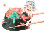  +_+ 1girl bangs bare_shoulders bike_shorts black_dress brown_eyes chopsticks collarbone commentary_request crossed_legs domino_mask dress earrings fangs food full_body gloves green_legwear grey_hair gunkanmaki hair_ornament holding holding_food hotaru_(splatoon) iirodo ikura_(food) in_food jewelry looking_at_viewer lying mask minigirl mole mole_under_eye object_on_head on_back open_mouth pantyhose pointy_ears reclining shoes short_dress short_hair shorts_under_dress simple_background solo splatoon strapless strapless_dress sushi swept_bangs tentacle_hair white_background white_gloves 