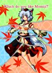  1girl animal_ears autumn_leaves blush breasts collarbone detached_sleeves english groin hat highres inubashiri_momiji leaf looking_at_viewer midriff navel red_eyes short_hair silver_hair skirt smile solo tail tokin_hat touhou under_boob wolf_ears wolf_tail 