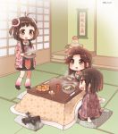  3girls :d antenna_hair black_skirt bowl brown_eyes brown_hair double_bun food fruit indoors jintsuu_(kantai_collection) kantai_collection ko_ru_ri kotatsu long_hair long_sleeves mandarin_orange multiple_girls naka_(kantai_collection) open_mouth remodel_(kantai_collection) school_uniform sendai_(kantai_collection) serafuku short_hair skirt smile table under_kotatsu under_table 