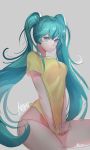  1girl abeja aqua_eyes aqua_hair artist_name bottomless character_name grey_background hatsune_miku long_hair looking_at_viewer sitting solo twintails very_long_hair vocaloid 
