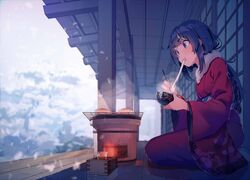  1girl black_hair blue_eyes blue_hair bowl chopsticks eating floral_print food grey_eyes grill grilling japanese_clothes kimono kneeling long_sleeves mochi obi original porch sash seiza sitting solo steam veranda wagashi wide_sleeves yasumo_(kuusouorbital) 