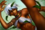  1girl armlet bikini breasts closed_eyes criss-cross_halter dark_skin elena_(street_fighter) eyebrows grin halter_top halterneck ixtian jewelry kicking motion_blur neck_ring necklace nose pearl_necklace short_hair smile solo street_fighter street_fighter_iii swimsuit under_boob white_bikini white_hair white_swimsuit 