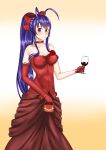  1girl absurdres alcohol antenna_hair bag bare_shoulders blazblue blazblue_remix_heart blue_hair blush bow bracelet breasts choker collarbone cowboy_shot cup dress drinking_glass elbow_gloves evening_gown flower formal genderswap gloves hair_bow handbag highres jewelry large_breasts long_hair looking_at_viewer mai_natsume ponytail red_dress red_eyes red_rose ribbon ribbon_choker rose salmon_(4chan) smile solo strapless_dress very_long_hair wine wine_glass 
