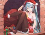  1girl bare_shoulders belt black_legwear blue_eyes blue_hair blush breasts christmas closed_mouth collarbone eyebrows_visible_through_hair gloves hat hatsune_miku hb_(qwqw1697) looking_at_viewer medium_breasts one_eye_closed pantyhose red_gloves red_headwear santa_costume santa_hat solo twintails vocaloid winter 