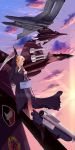  absurdres ace_combat ahoge airplane blonde_hair canards case closed_eyes clouds condensation_trail cuffs death_(entity) fighter_jet flying grim_reaper highres hood jet robe rocket scythe sky standing weapon 