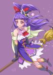  1girl black_boots black_gloves boots bow brooch broom broom_riding capelet chocokin cure_magical elbow_gloves gloves hair_bow half_updo hat izayoi_liko jewelry knee_boots long_hair magical_girl mahou_girls_precure! mini_hat precure purple purple_background purple_hair purple_skirt red_bow signature skirt smile solo twintails violet_eyes 