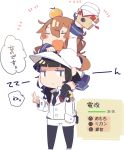  arm_on_head arm_up bangs black_hair black_legwear blush_stickers braid brown_hair closed_eyes commentary_request folded_ponytail food fruit hair_between_eyes hat hime_cut inazuma_(kantai_collection) kagami_mochi kantai_collection kneehighs looking_at_viewer mandarin_orange military military_hat military_uniform miniskirt pepekekeko piggyback school_uniform serafuku shorts skirt translation_request twin_braids uniform v watabe_koharu 