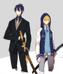  2boys aqua_eyes bespectacled black_gloves blonde_hair blue_eyes blue_hair contemporary formal glasses gloves hoodie katana male_focus mikazuki_munechika multiple_boys necktie smile suit sword touken_ranbu verus weapon yamanbagiri_kunihiro 